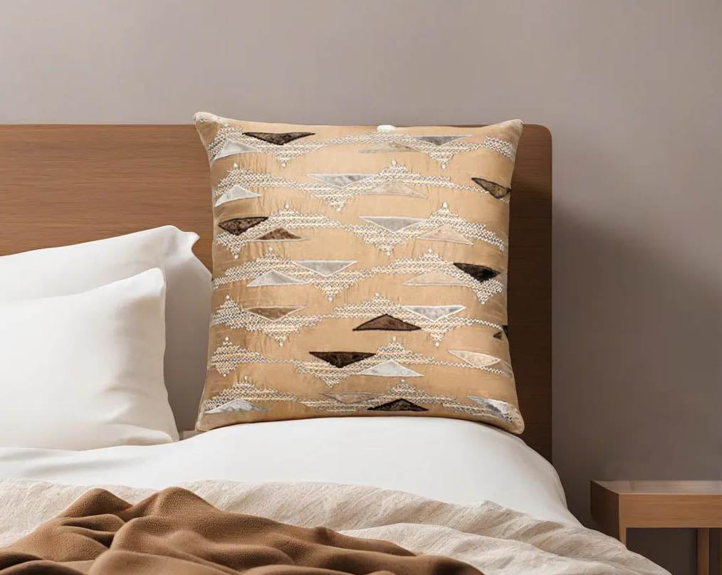 Light olive green embroidered poly silk cushion with living room