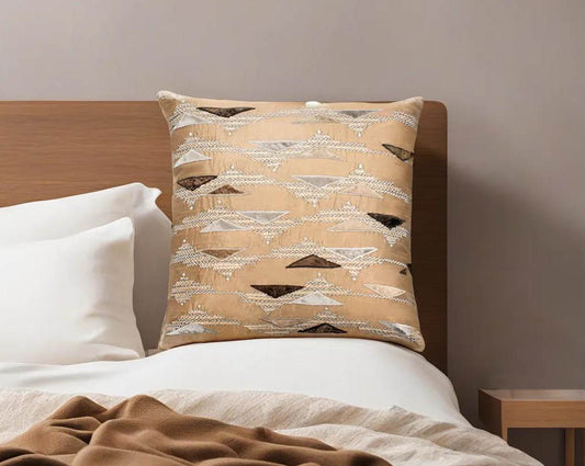 Light olive green embroidered poly silk cushion with living room