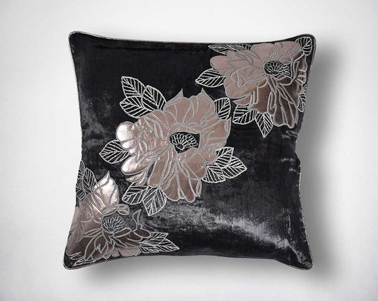 Dark brown and silver velvet and poly silk embroidered cushion.
