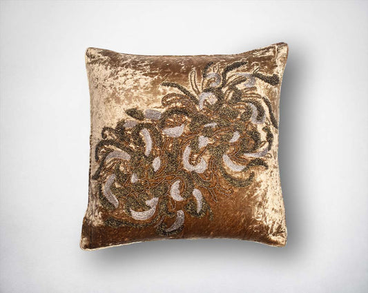 Gold poly-silk embroidered cushion.