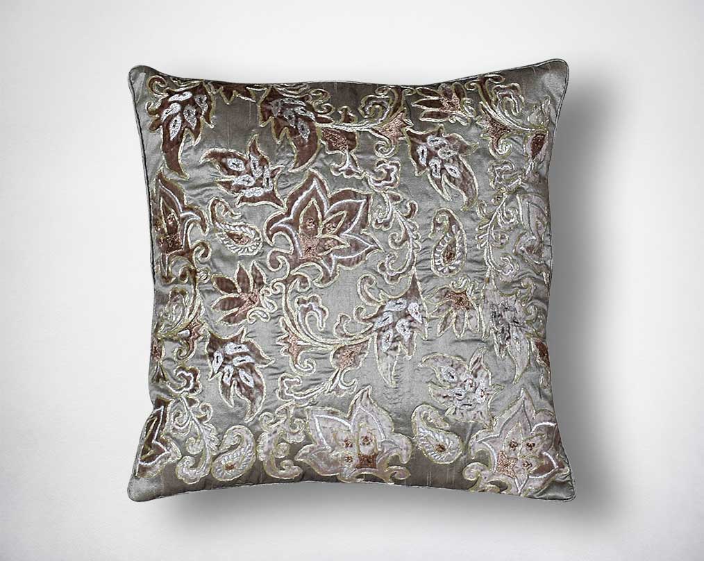 Gray and brown velvet poly silk embroidered cushion.