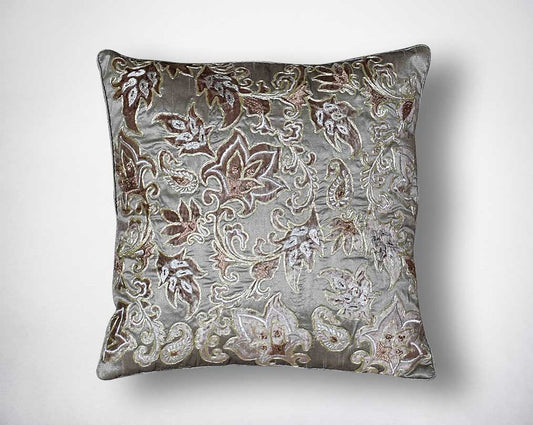Gray and brown velvet poly silk embroidered cushion.