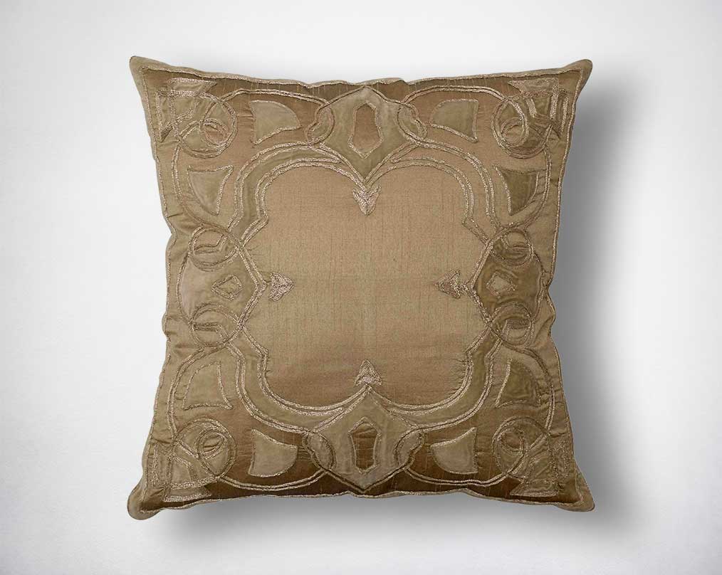 Gold embroidered poly silk cushion.