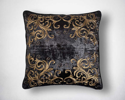 Brown and antique gold velvet and poly silk embroidered cushion.