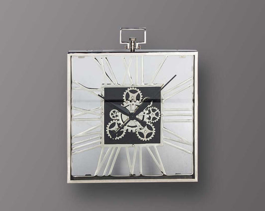 Nickel square wall clock in roman numerals.