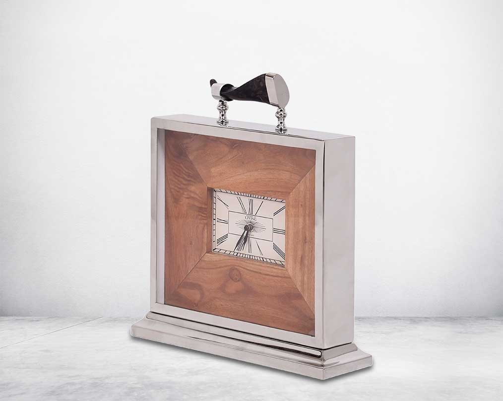 Square table clock in nickel and wood in roman numerals.