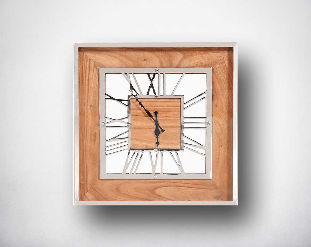 Square wall clock in nickel and wood in natural polish with roman numerals.