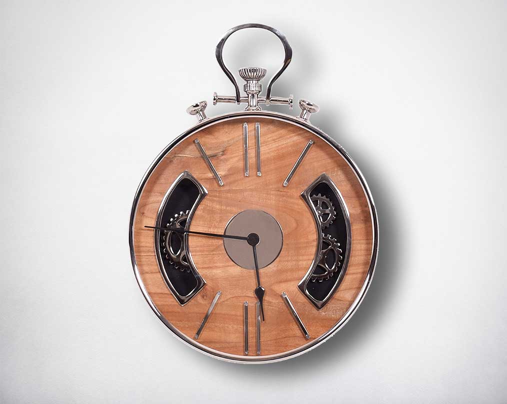 Round wall clock in nickel and wood in natural polish with roman numerals.
