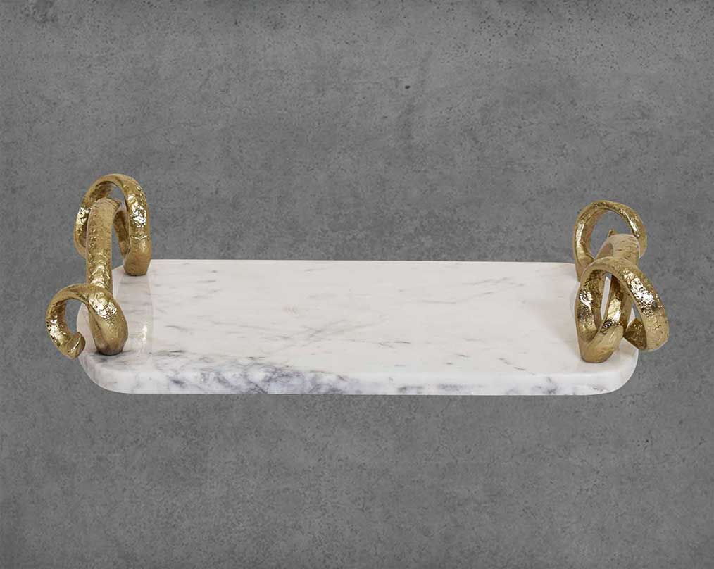 Marble Platter/ Cheese board in white with lustrous gold-finished handles.