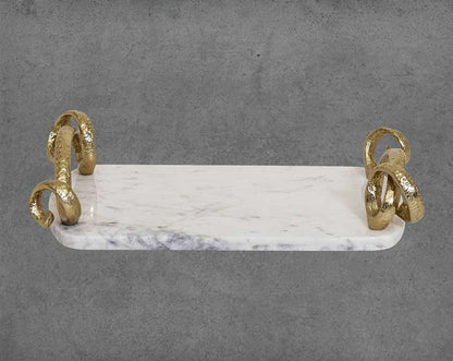 Marble Platter/ Cheese board in white with lustrous gold-finished handles.
