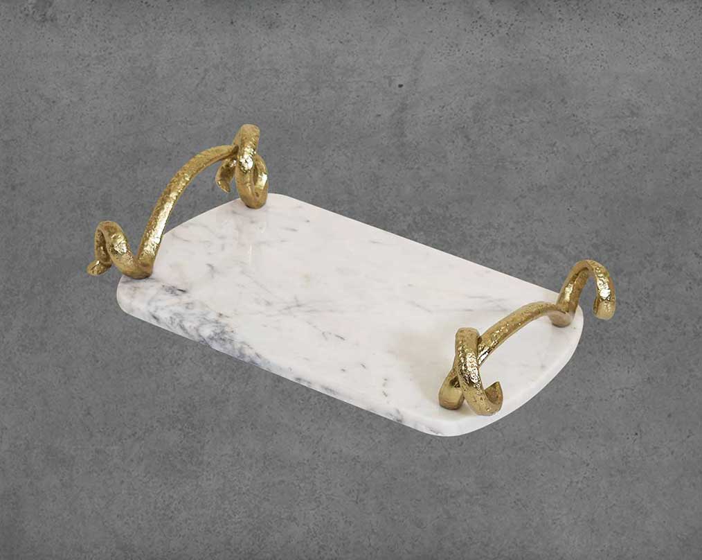 Marble Platter/ Cheese board in white with lustrous gold-finished handles.