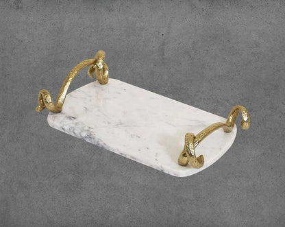 Marble Platter/ Cheese board in white with lustrous gold-finished handles.