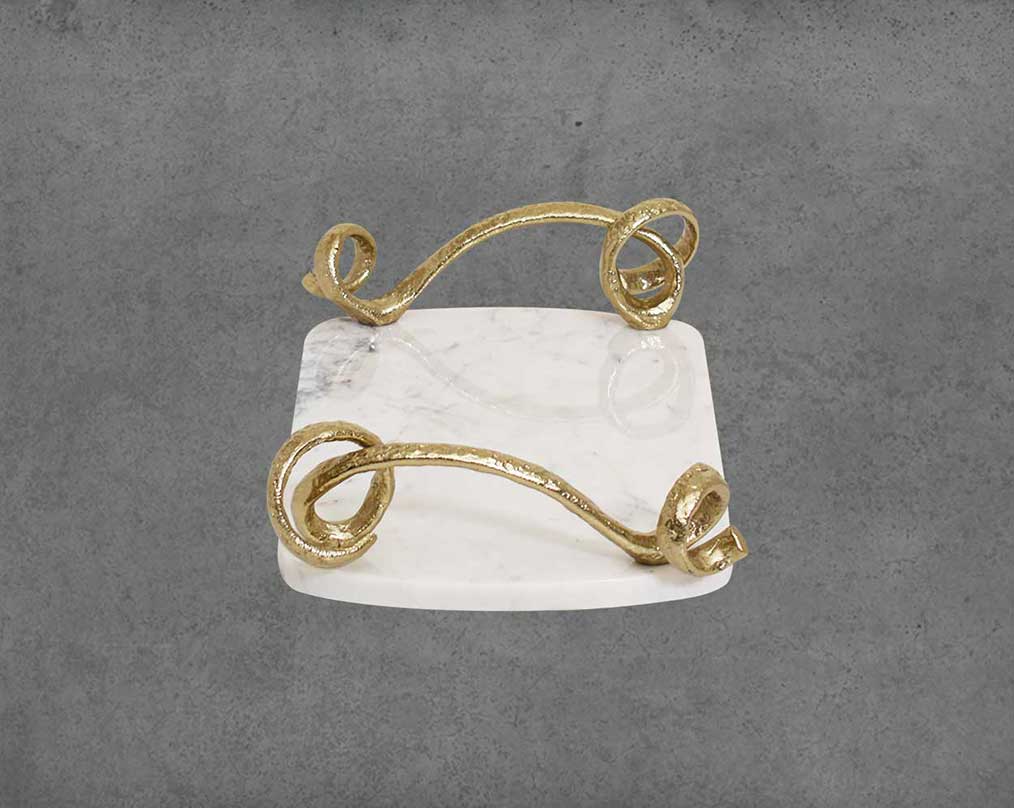 Marble Platter/ Cheese board in white with lustrous gold-finished handles.