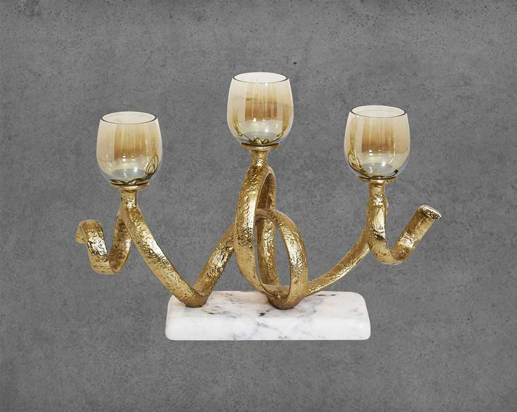 Multi T-light candle holder in gold-finished nickel plated aluminum, smoke luster glass with white marble base front view