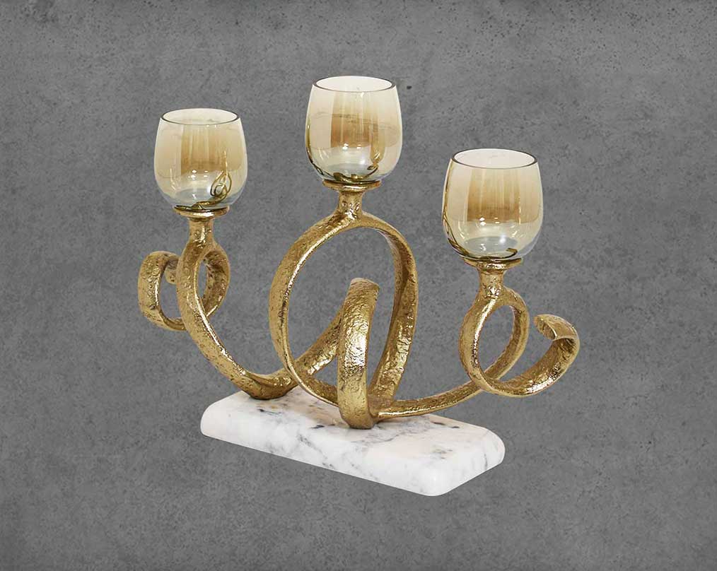 Multi T-light candle holder in gold-finished nickel plated aluminum, smoke luster glass with white marble base side view