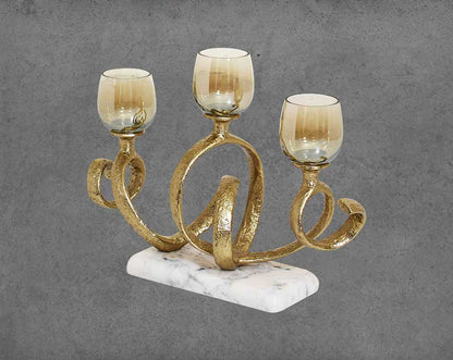 Multi T-light candle holder in gold-finished nickel plated aluminum, smoke luster glass with white marble base side view