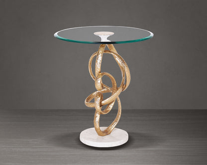 This artful gold accent end table glass top with an amorphously shaped high polished gold pedestal & white marble base.