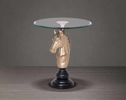 This vintage end table in gold finish aluminium base with horse head design motif with front view