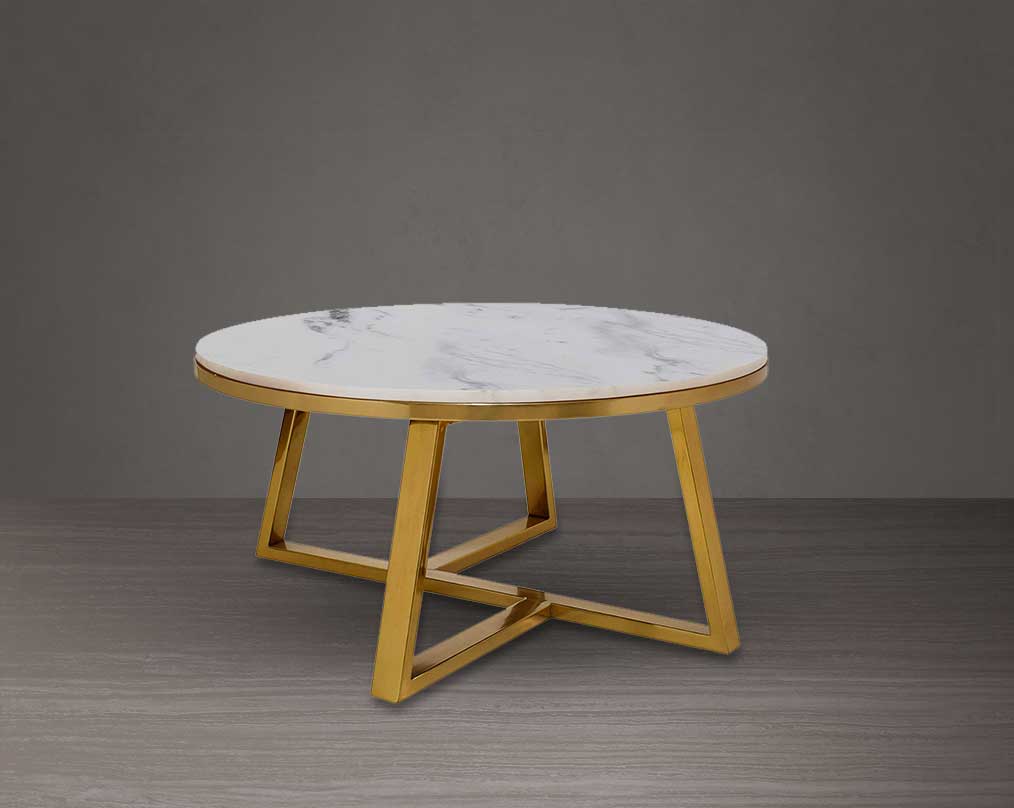 Round coffee table with natural marble-top and titanium gold plated stainless steel base in a geometric design.