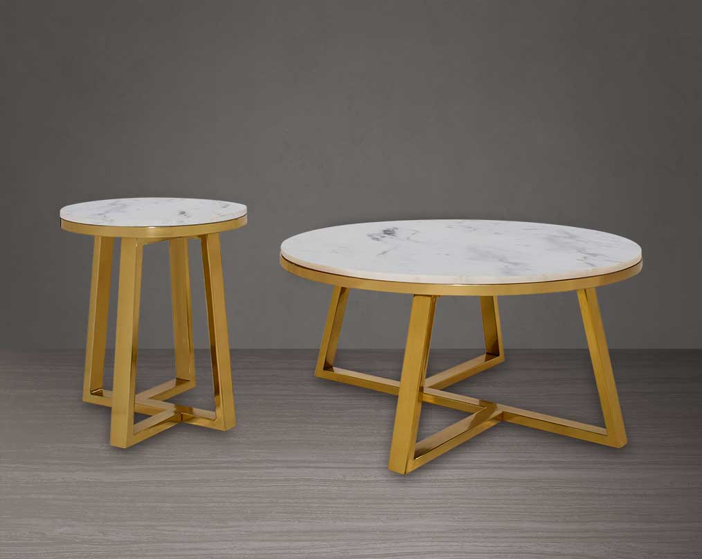 Round coffee & end table with natural marble-top and titanium gold plated stainless steel base in a geometric design.