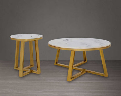 Round coffee & end table with natural marble-top and titanium gold plated stainless steel base in a geometric design.