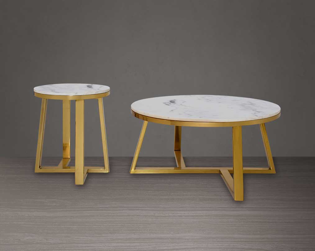 Round coffee & end table with natural marble-top and titanium gold plated stainless steel base in a geometric design.