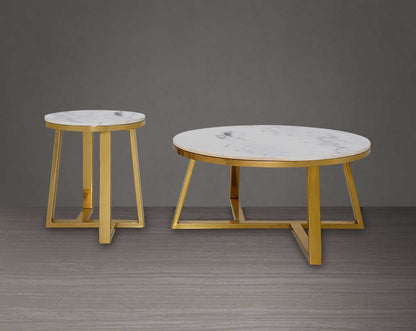Round coffee & end table with natural marble-top and titanium gold plated stainless steel base in a geometric design.