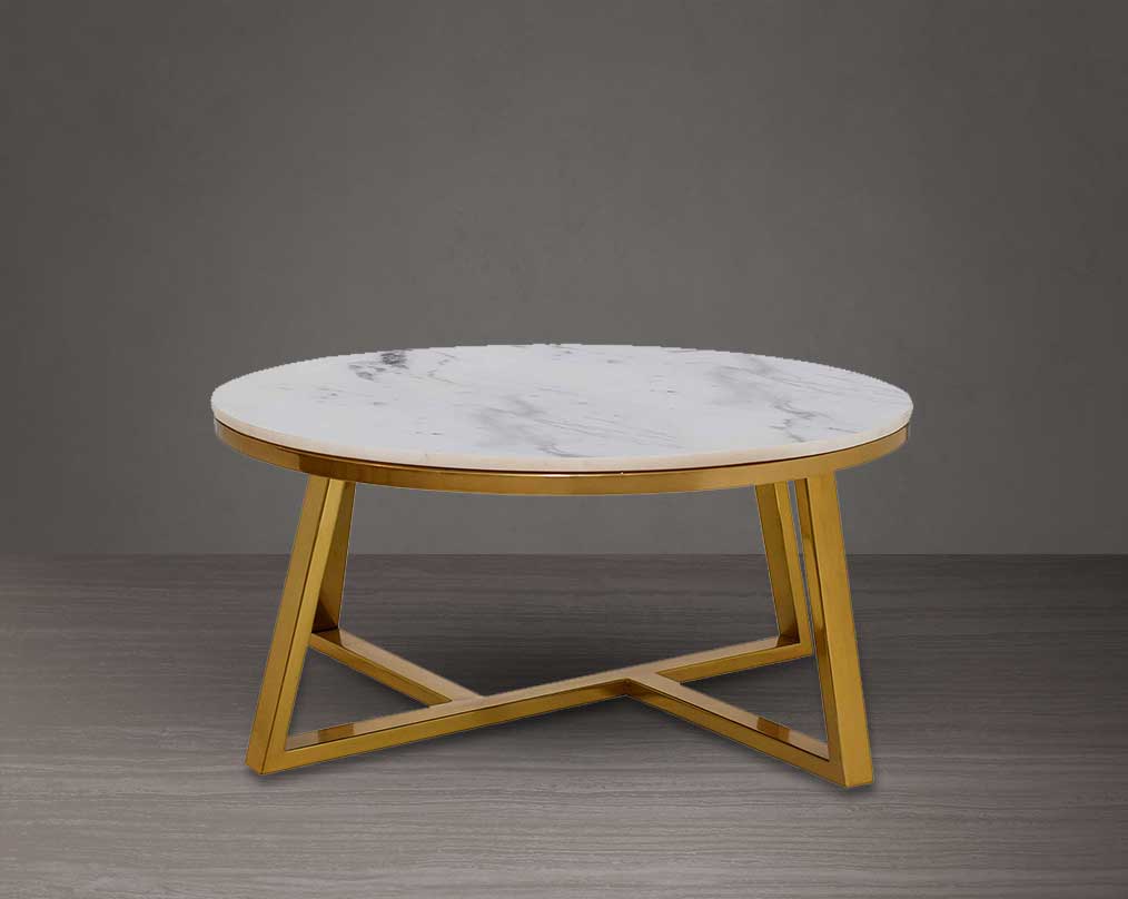Round coffee & end table with natural marble-top and titanium gold plated stainless steel base in a geometric design.