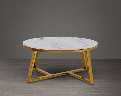 Round coffee & end table with natural marble-top and titanium gold plated stainless steel base in a geometric design.