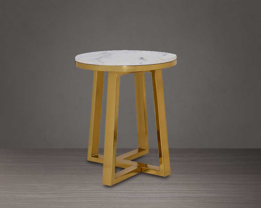 Round coffee & end table with natural marble-top and titanium gold plated stainless steel base in a geometric design.