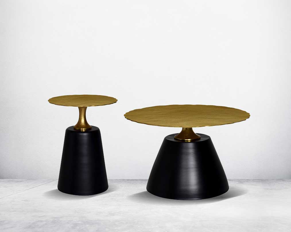 This round coffee table comes with an antique gold top and black aluminium conical base 1 large 2 small