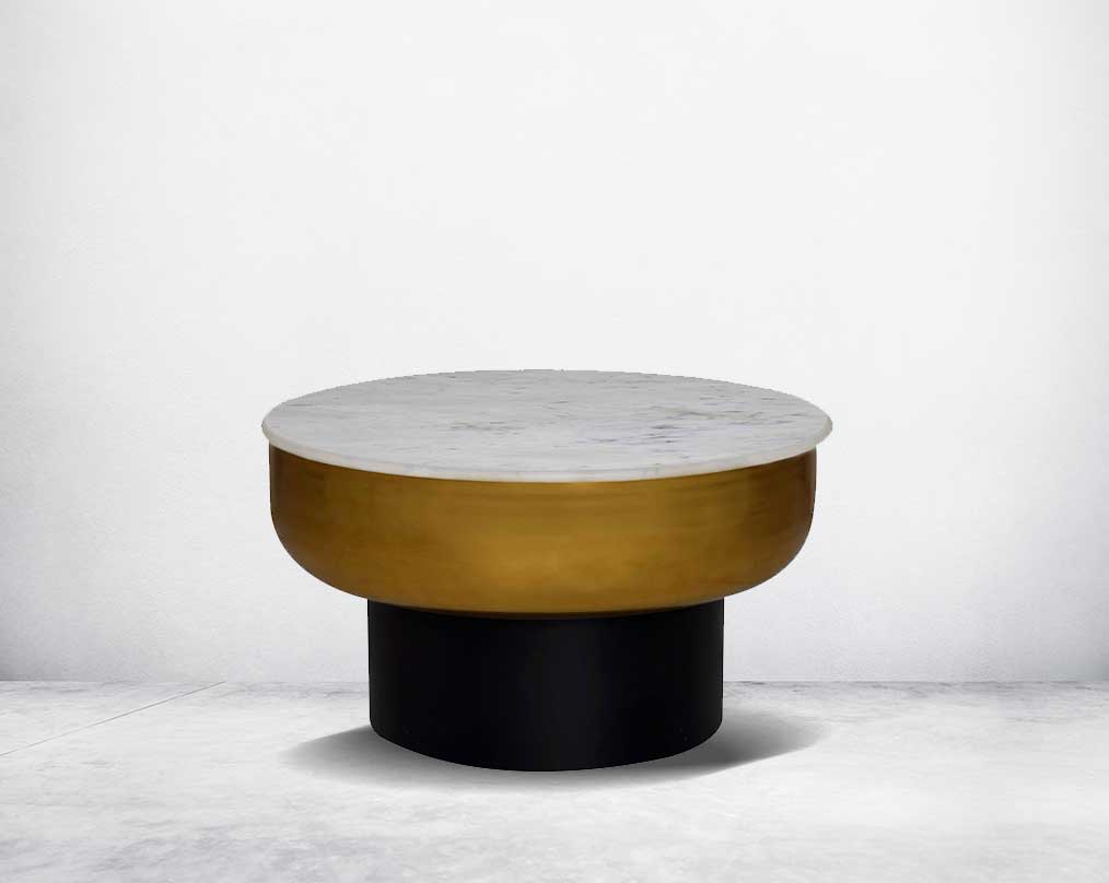 Shop this beautiful & expertly crafted drum storage coffee table, which comes with a white marble top & gold finish with a black base.