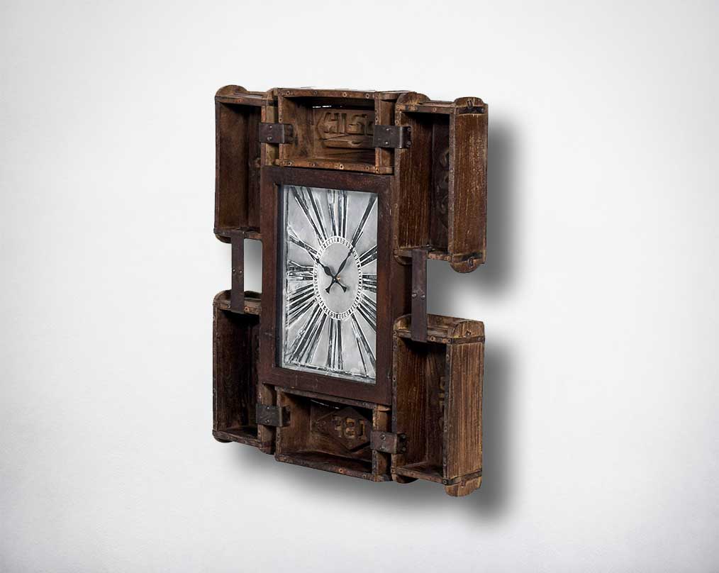 Square wall clock in recycle brick and mould antique finish.