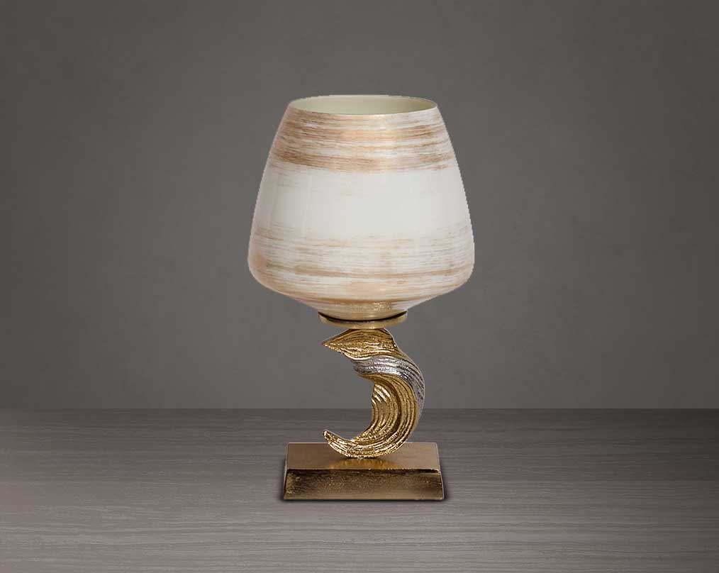 Candle pillar holder in brown luster glass and antique gold plated aluminum decorative base.