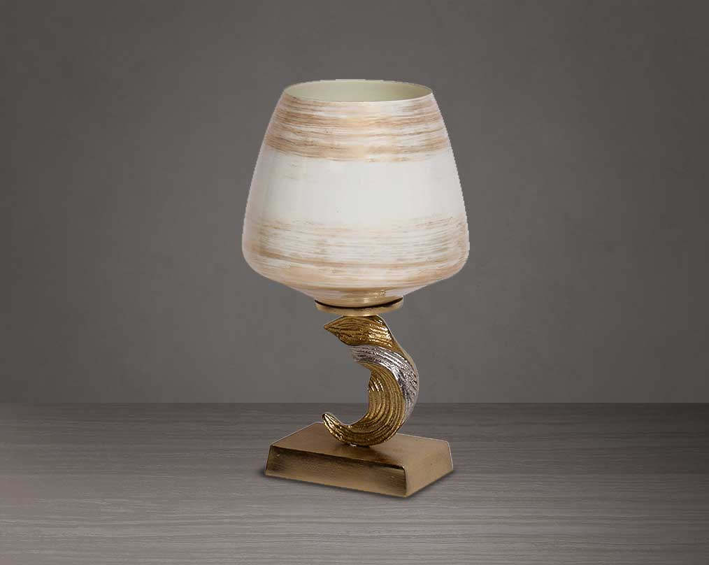 Candle pillar holder in brown luster glass and antique gold plated aluminum decorative base.