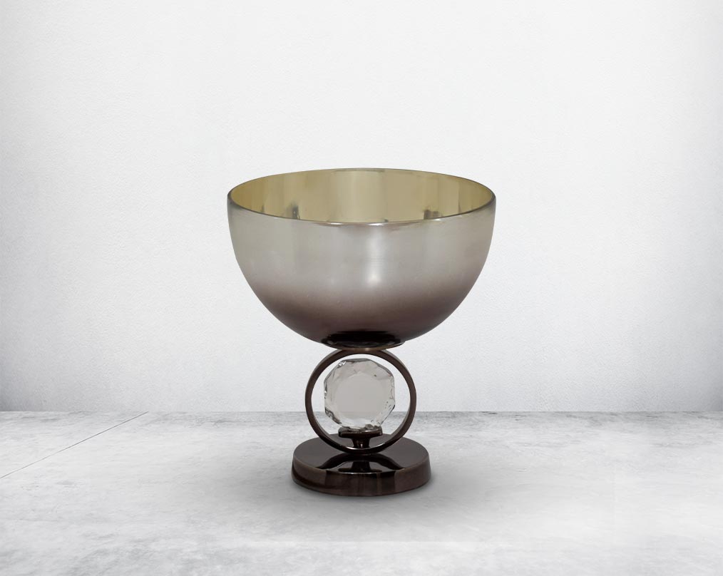 Decorative bowl in brown luster glass and antique nickel plated aluminium & acrylic decorative base.
