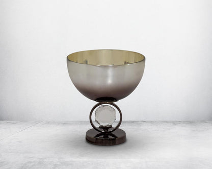 Decorative bowl in brown luster glass and antique nickel plated aluminium & acrylic decorative base.
