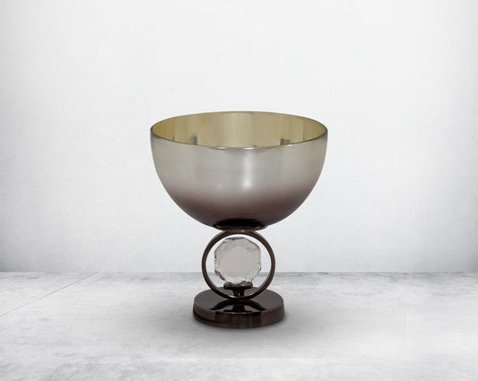 Decorative bowl in brown luster glass and antique nickel plated aluminium & acrylic decorative base.