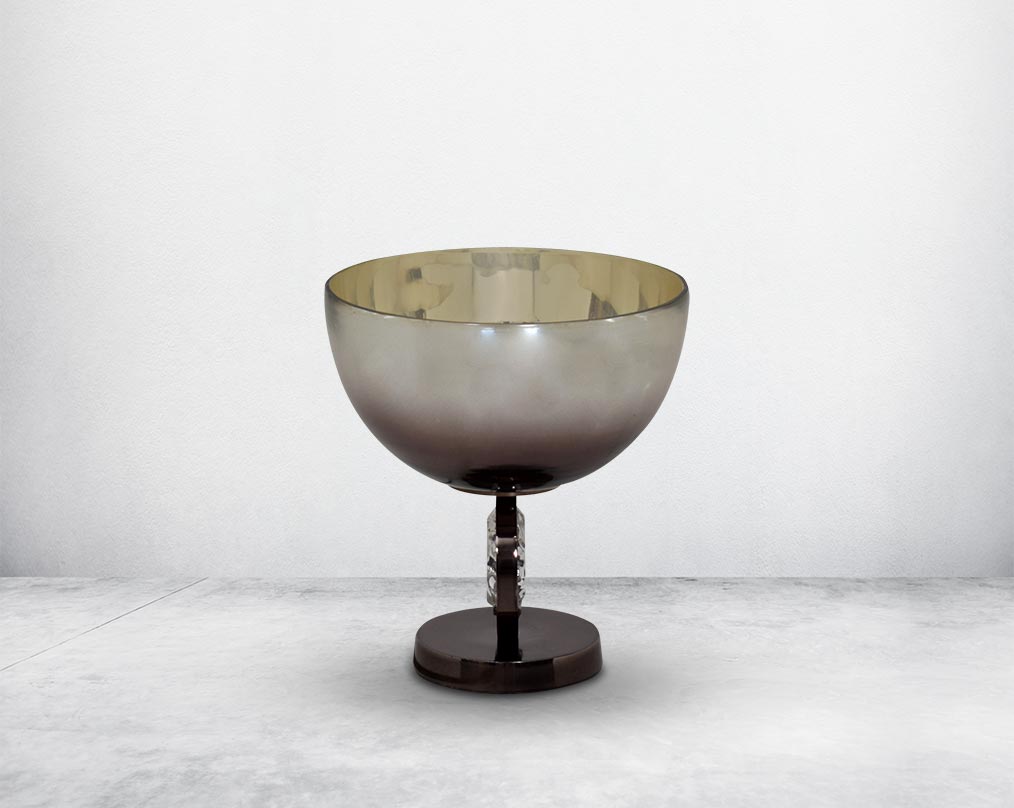 Decorative bowl in brown luster glass and antique nickel plated aluminium & acrylic decorative base.