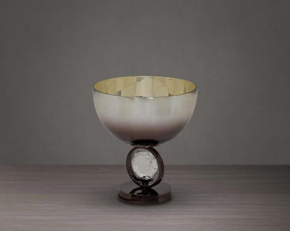Decorative bowl in brown luster glass and antique nickel plated aluminium & acrylic decorative base.