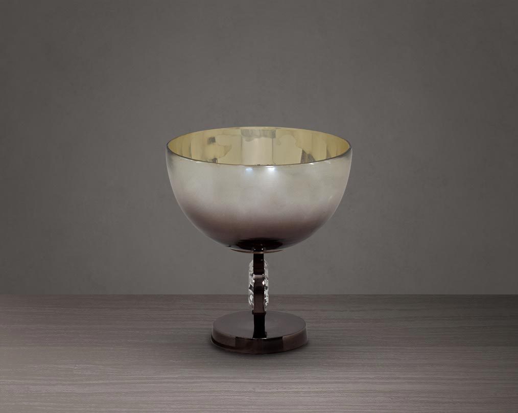 Decorative bowl in brown luster glass and antique nickel plated aluminium & acrylic decorative base.