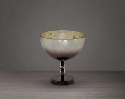 Decorative bowl in brown luster glass and antique nickel plated aluminium & acrylic decorative base.