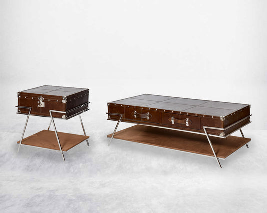 Coffee table with low height in vintage brown luxurious leather and stainless steel rivets top and base in suede The table has 2 drawers with stainless steel legs. End table in vintage brown luxurious leather and stainless steel rivets with openable top a