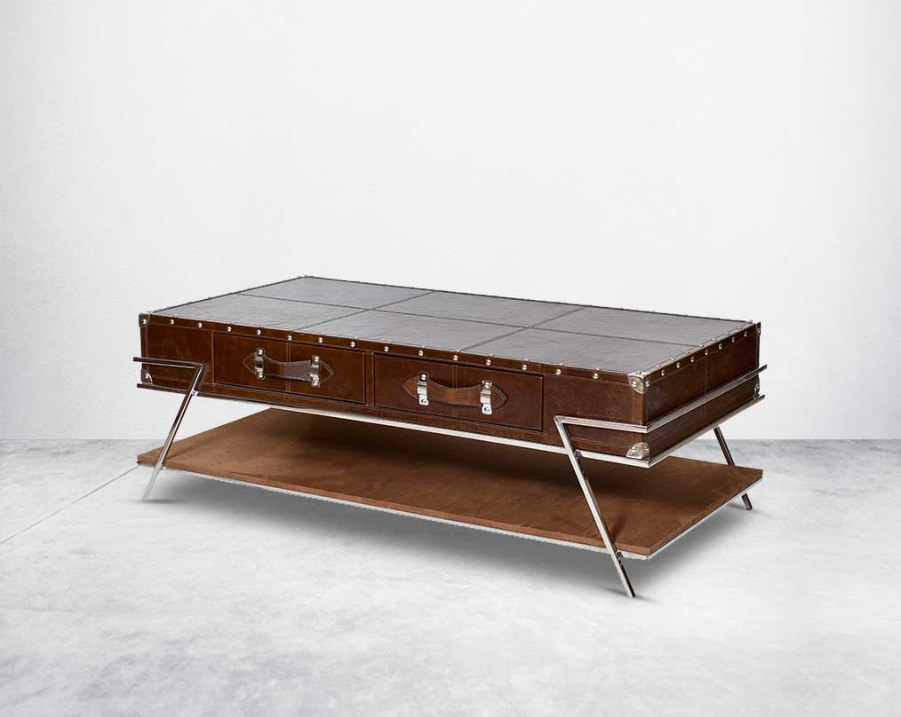 The table has 2 drawers with stainless steel legs. End table in vintage brown luxurious leather and stainless steel rivets with openable top and base in suede with stainless steel legs.