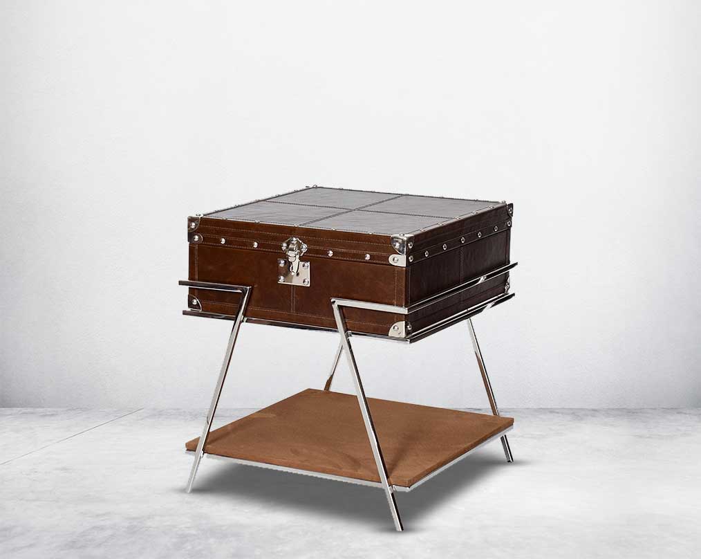 Coffee table with low height in vintage brown luxurious leather and stainless steel rivets top and base in suede.