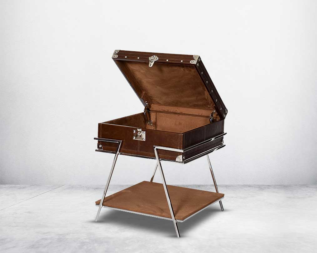 Coffee table with drawer open low height in vintage brown luxurious leather and stainless steel rivets top and base in suede.