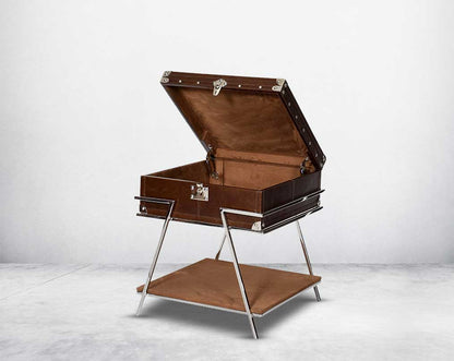 Coffee table with drawer open low height in vintage brown luxurious leather and stainless steel rivets top and base in suede.