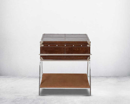 Coffee table with low height in vintage brown luxurious leather and stainless steel rivets top and base in suede.