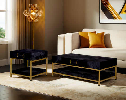 Coffee table with low height in black hair on and base in suede. The table has 1 drawer with frame & legs in stainless steel matt gold finish.