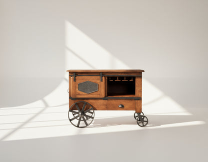Wine cart/ bar with a vintage front  look in mango wood and powder-coated iron wheels with storage.
